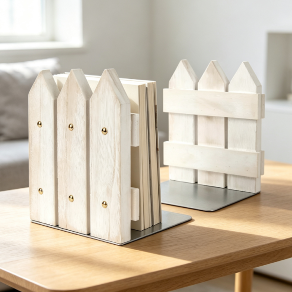 White Rustic-Style Wooden Bookends – Heavy-Duty & Non-Slip (Set of 2)