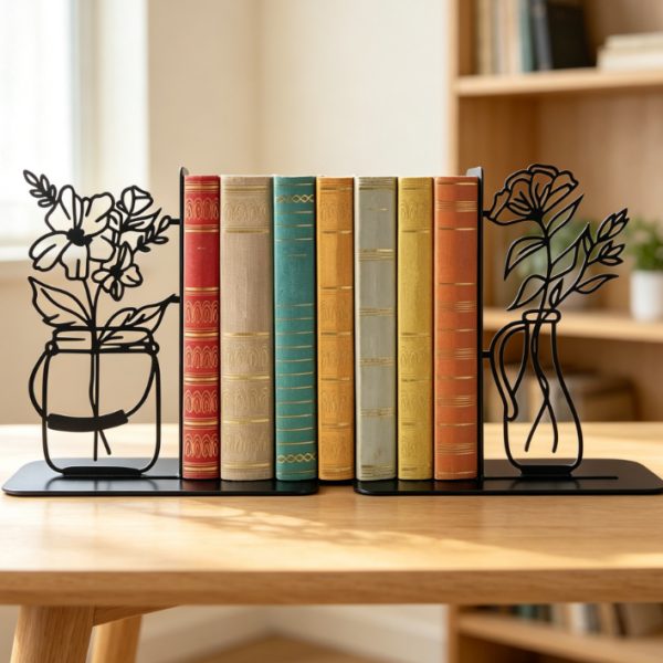 Metal Flower-Shaped Bookends, Cute Decoration, 1 Pair