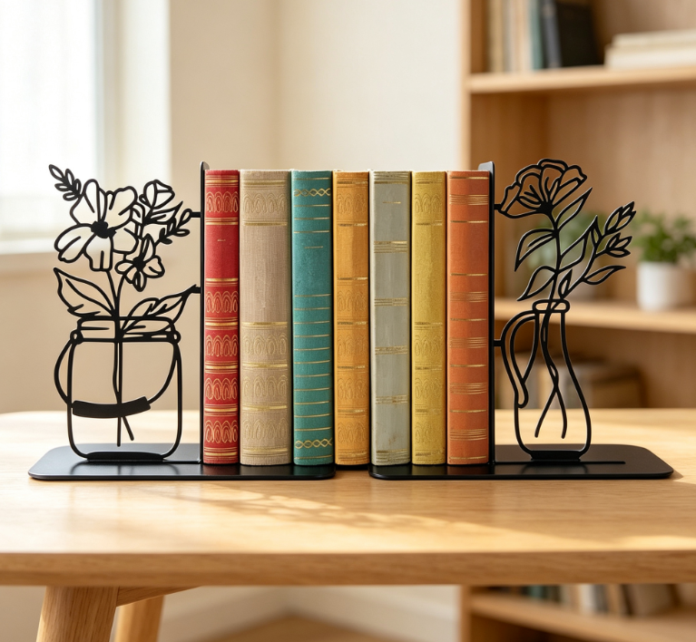 Metal Flower-Shaped Bookends, Cute Decoration, 1 Pair