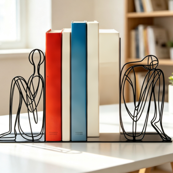 Abstract Modern Style Metal Bookends, Anti-slip Design, Black, 1 Pair
