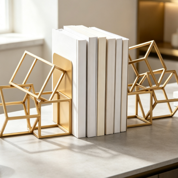 Geometric Cube Metal Bookenders, Modern Style, 2-Piece Set