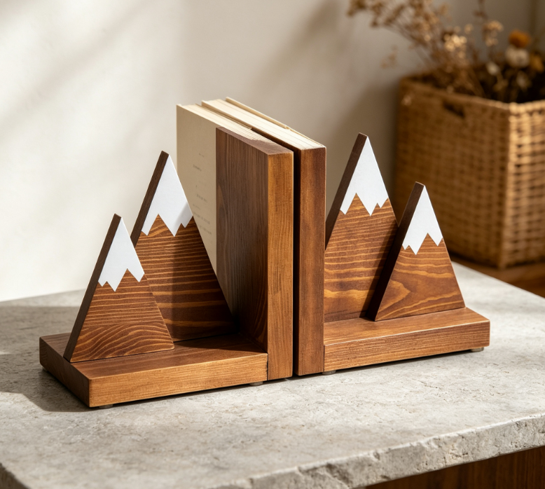 Mountain-Shaped Wooden Bookends – Non-Slip Decorative Pair (Rustic Style) - Image 2