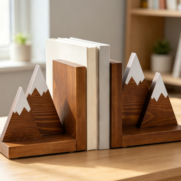 Mountain-Shaped Wooden Bookends – Non-Slip Decorative Pair (Rustic Style)