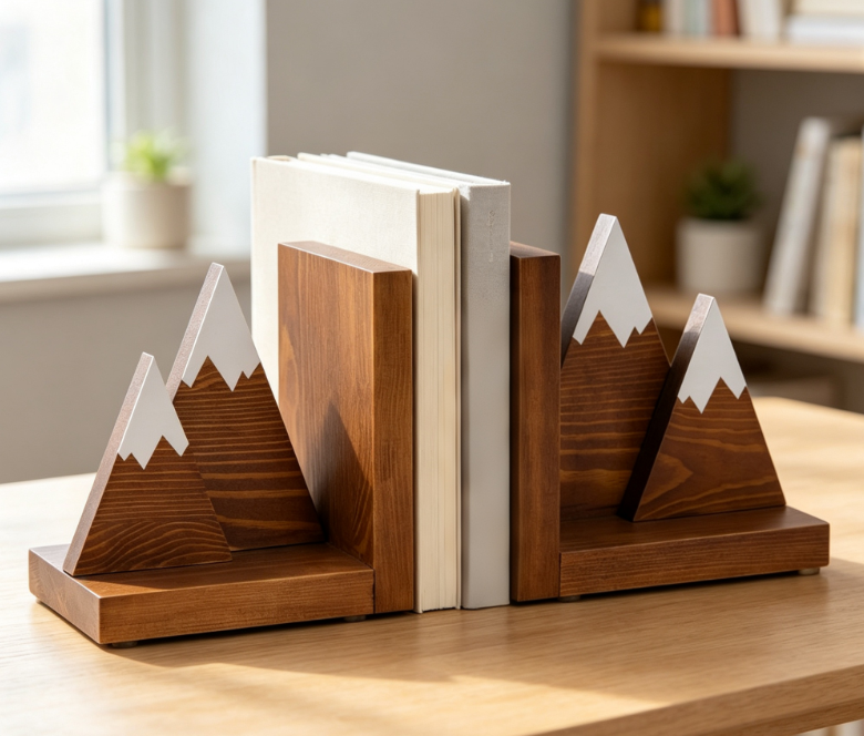 Mountain-Shaped Wooden Bookends – Non-Slip Decorative Pair (Rustic Style)