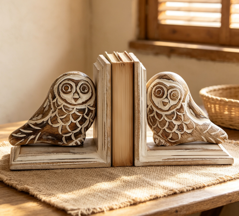 Owl-Shaped Wooden Bookends – Hand-Carved Decorative Pair - Image 2