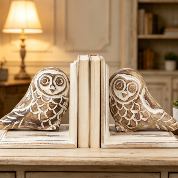 Owl-Shaped Wooden Bookends – Hand-Carved Decorative Pair