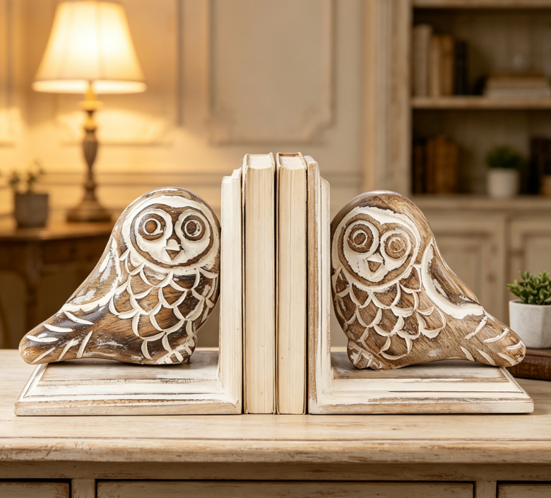 Owl-Shaped Wooden Bookends – Hand-Carved Decorative Pair