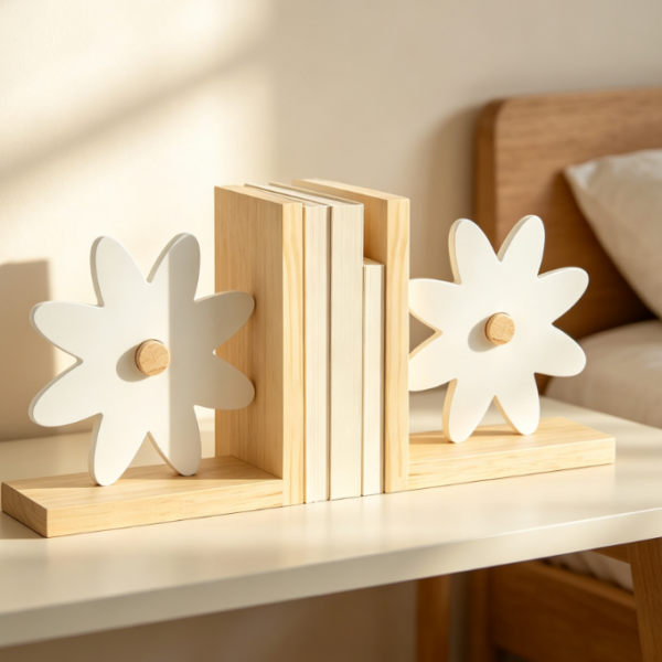 Daisy-Shaped Wooden Bookends – Pink Rainbow, Moon, & Cloud Elements (Set of 2)