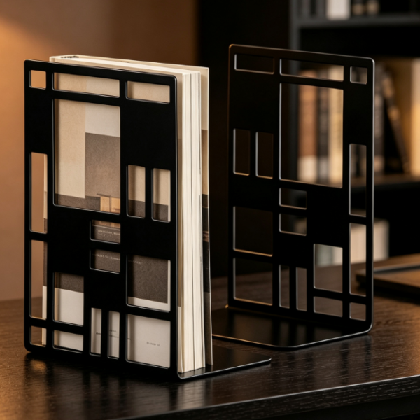 Abstract Art Design Black Metal Bookends, Weighted and Anti-slip, 1 Pair