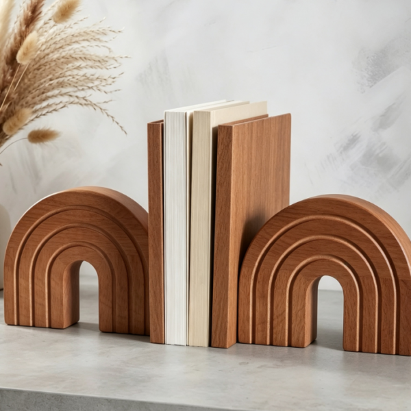Bohemian-Style Arched Wooden Bookends – Minimalist Design (Set of 2)