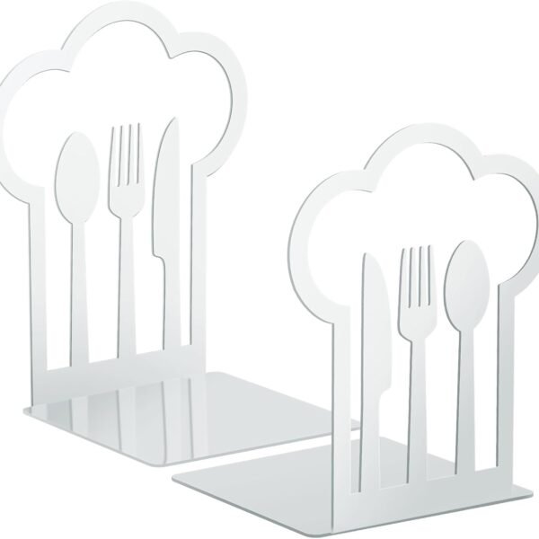 Cookbook Bookends Fork Knife Spoon Decorative Kitchen Metal Book Ends Cookbook Storage Books Stoppers Holder Home Decorative Accessories for Shelves Kitchen Holders(White,1 Pair)