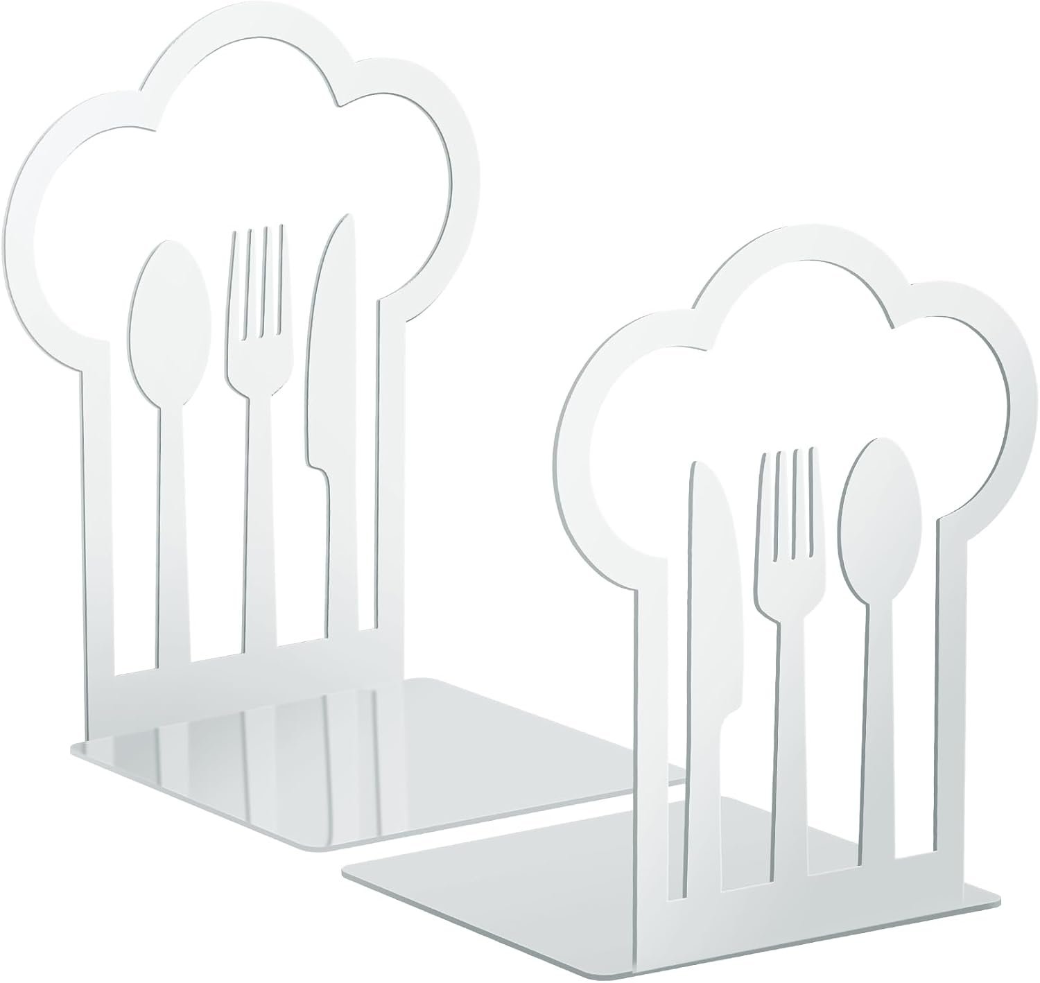 Cookbook Bookends Fork Knife Spoon Decorative Kitchen Metal Book Ends Cookbook Storage Books Stoppers Holder Home Decorative Accessories for Shelves Kitchen Holders(White,1 Pair)
