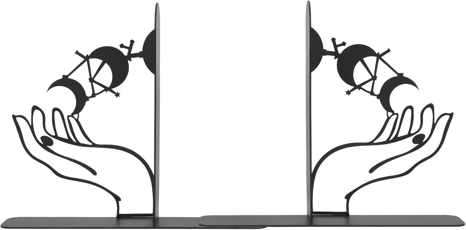 Moon Phase Metal Bookends – Heavy-Duty Gothic Style – Matte Finish – Pair