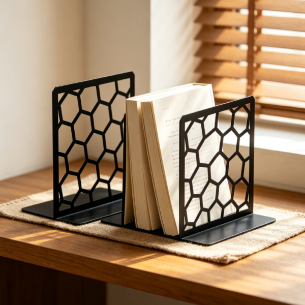 Geometric Honeycomb Metal Bookends, Modern Decorative Style, 1 Pair