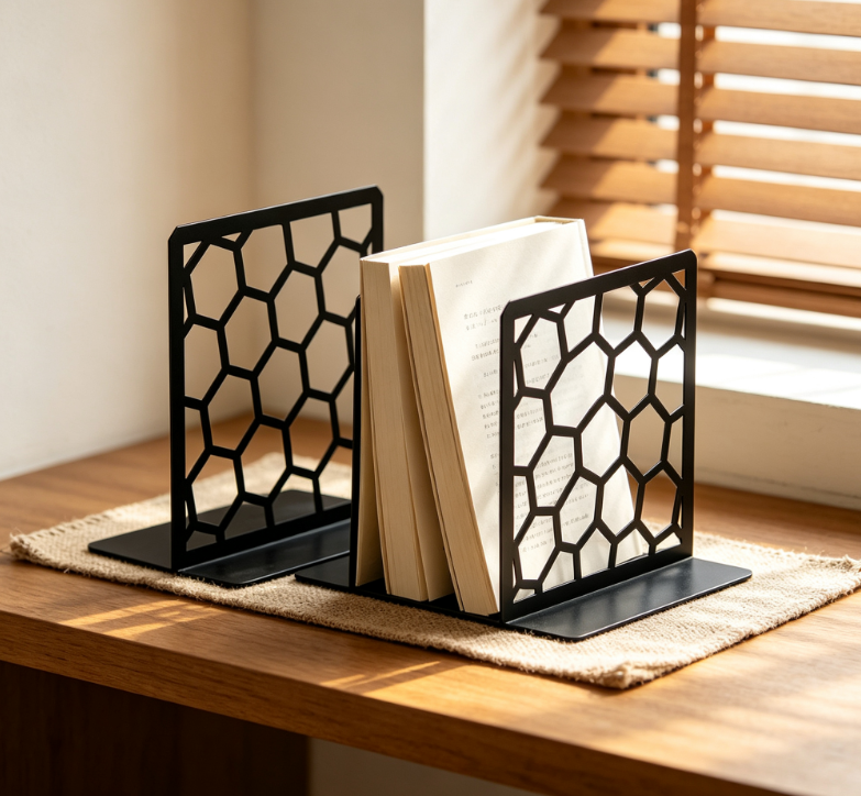 Geometric Honeycomb Metal Bookends, Modern Decorative Style, 1 Pair