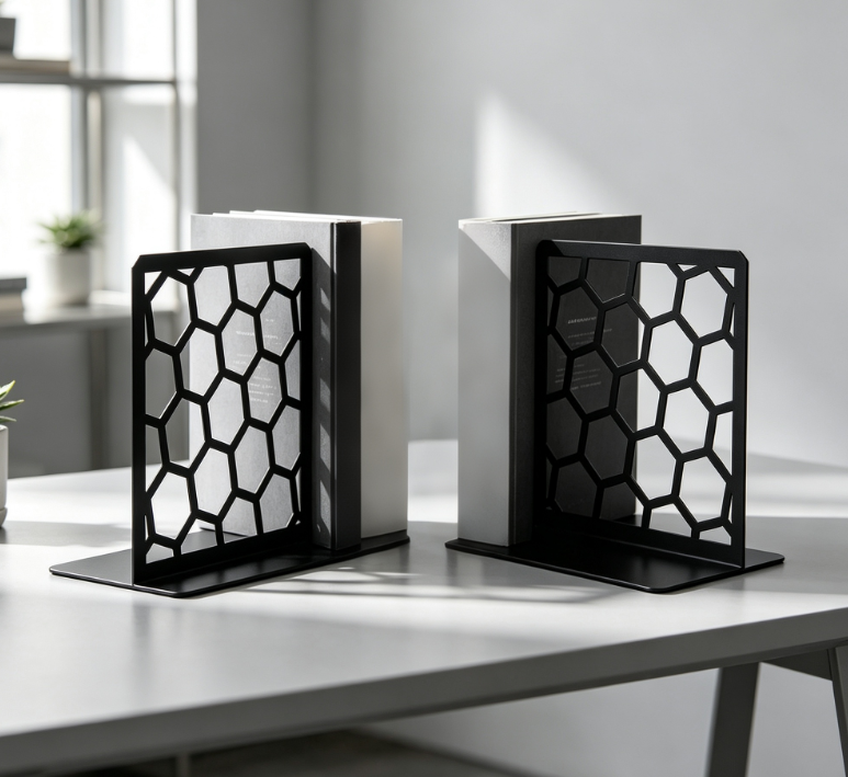 Geometric Honeycomb Metal Bookends, Modern Decorative Style, 1 Pair - Image 2
