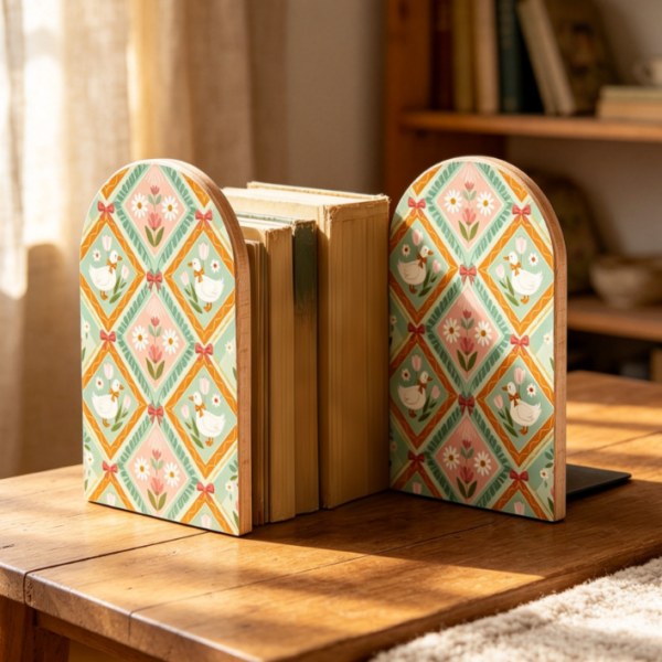 Floral and White Goose Pattern Wooden Bookends – Non-Slip Design (Set of 1 Pair)