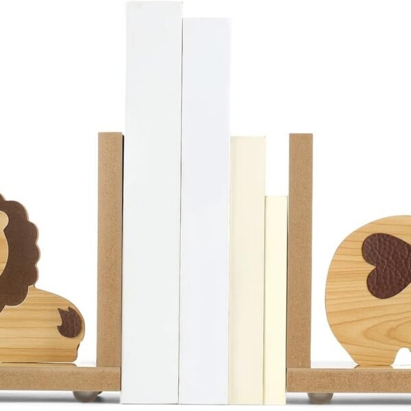 Animal-Shaped Wooden Bookends (Lion & Elephant) – Kids' Room Decor – 2-Piece Set
