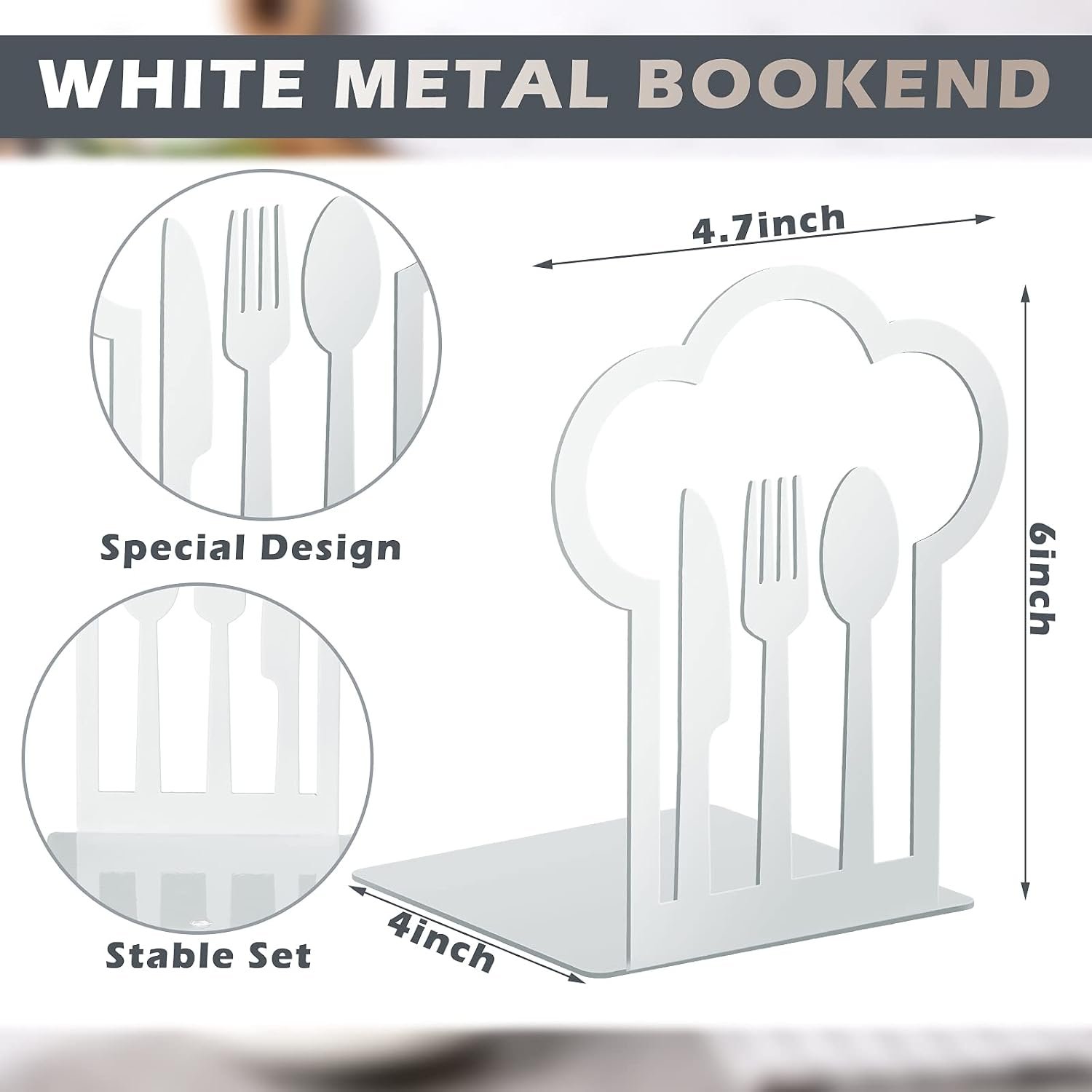 Cookbook Bookends Fork Knife Spoon Decorative Kitchen Metal Book Ends Cookbook Storage Books Stoppers Holder Home Decorative Accessories for Shelves Kitchen Holders(White,1 Pair) - Image 2