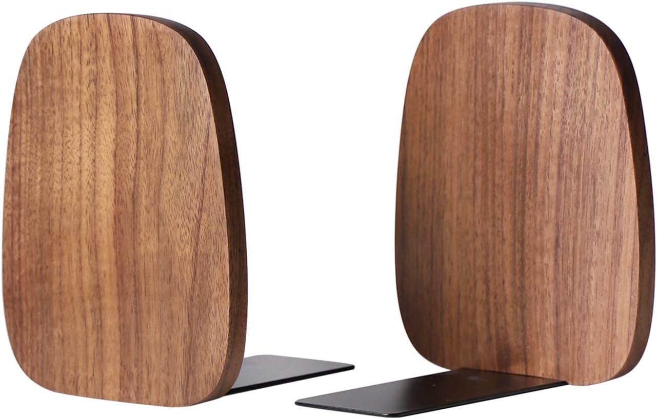 Walnut-Finish Non-Slip Bookends for Heavy Books (Pair)