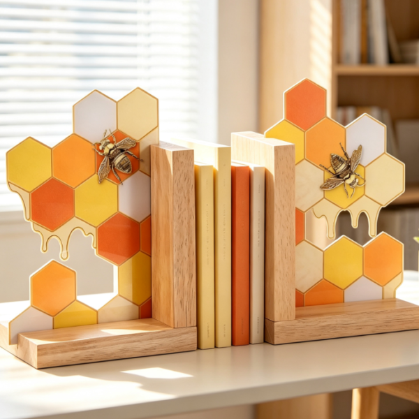 Honeycomb Pattern Wooden Bookends – Modern Style – Pair