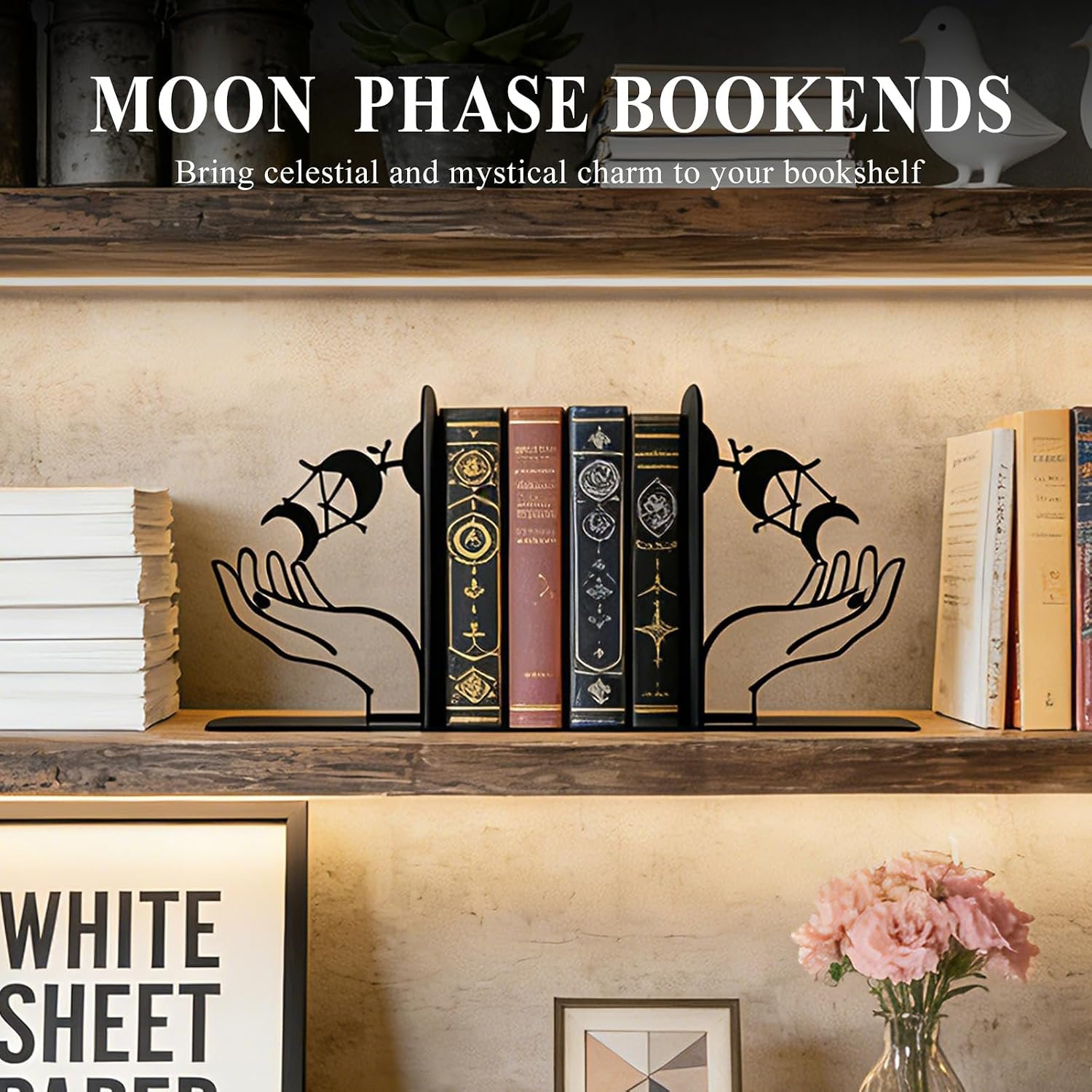 Moon Phase Metal Bookends – Heavy-Duty Gothic Style – Matte Finish – Pair - Image 2