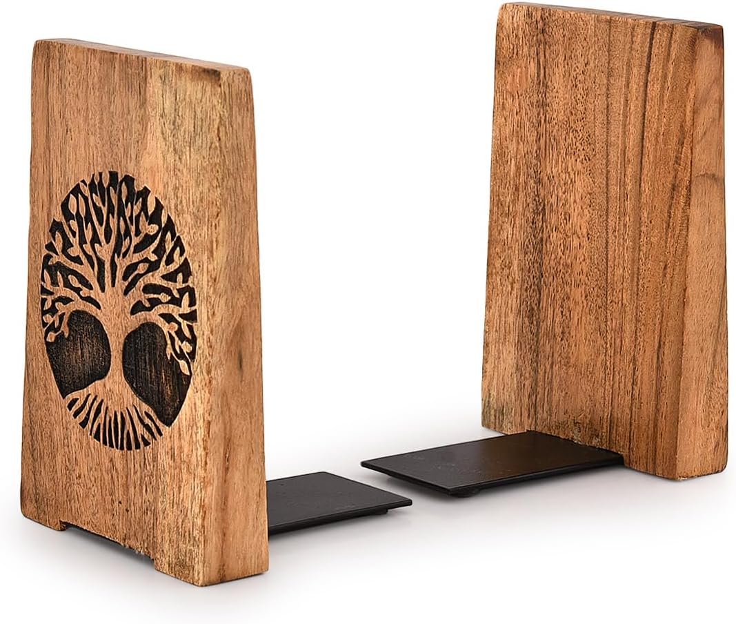 Iron & Acacia Wood Bookends – Heavy-Duty & Stable (Set of 2) – Office/Home Gift