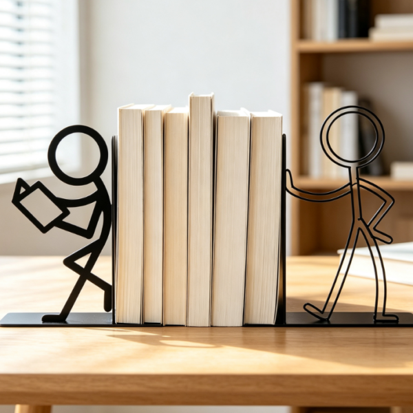 Stick Figure Shaped Metal Bookends, Cute Decoration, Black (1 Pair)