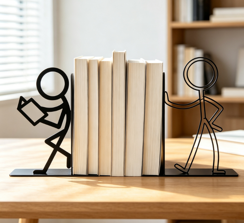 Stick Figure Shaped Metal Bookends, Cute Decoration, Black (1 Pair)