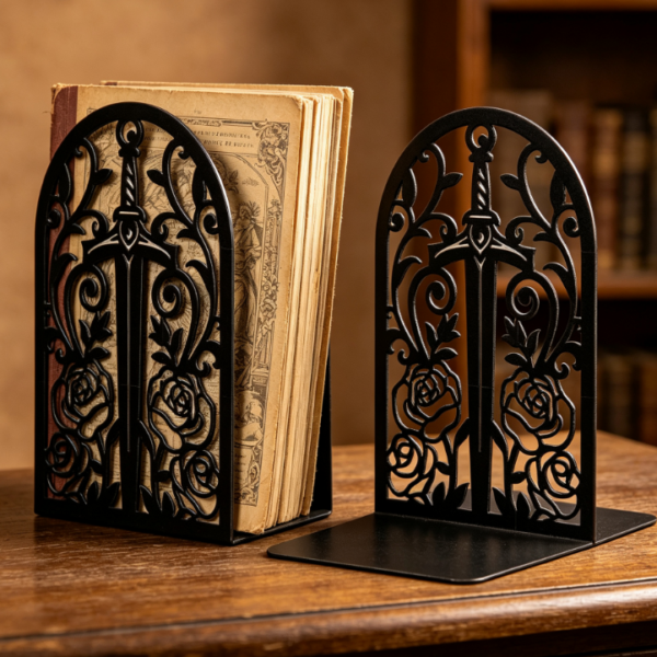 Cast Iron Tall Metal Bookends with Vines, Roses, and Swords Pattern (1 Pair)