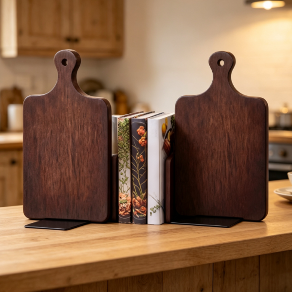 Cutting Board-Style Wooden Bookends – Dual-Use for Kitchen Recipes & Office – 1 Pair