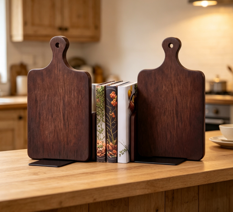 Cutting Board-Style Wooden Bookends – Dual-Use for Kitchen Recipes & Office – 1 Pair